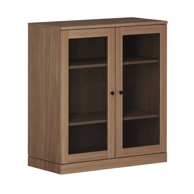 Palace Imports Premium 100% Solid European Oak Hardwood 3-Shelf Modular Bookcase with Tinted Glass Doors - 32" Wide, 35.75" Tall - Natural Oak