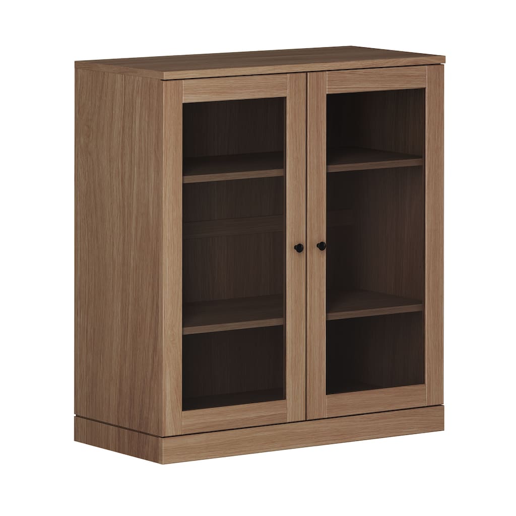 Palace Imports Premium 100% Solid European Oak Hardwood 3-Shelf Modular Bookcase with Tinted Glass Doors - 32" Wide, 35.75" Tall
