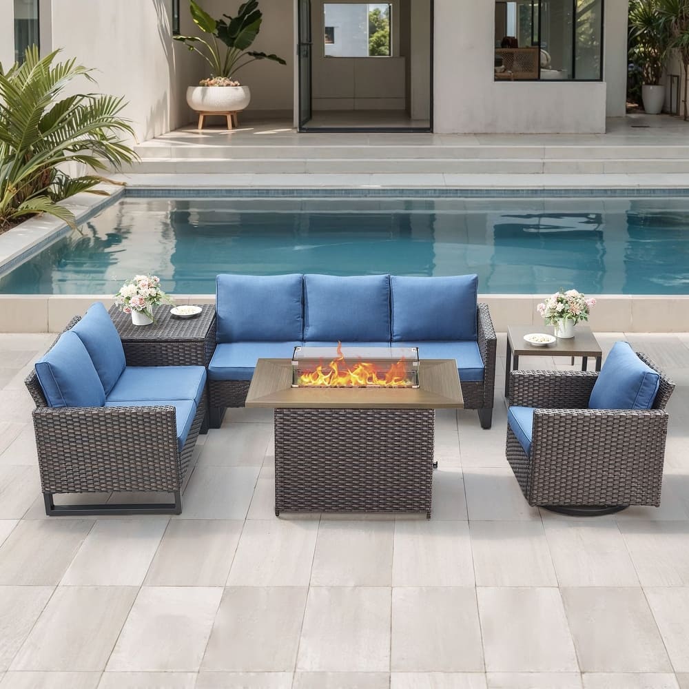 Gymojoy 6 Person All-Weather Wicker Outdoor Conversation Set Seating Group With Fire Pit Table