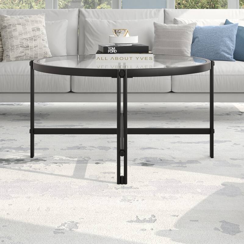 Sturdy 32-Inch Round Coffee Table with Clear Glass Top and Steel Frame Modern Living Room Accent - 32"L x 32"W x 17"H