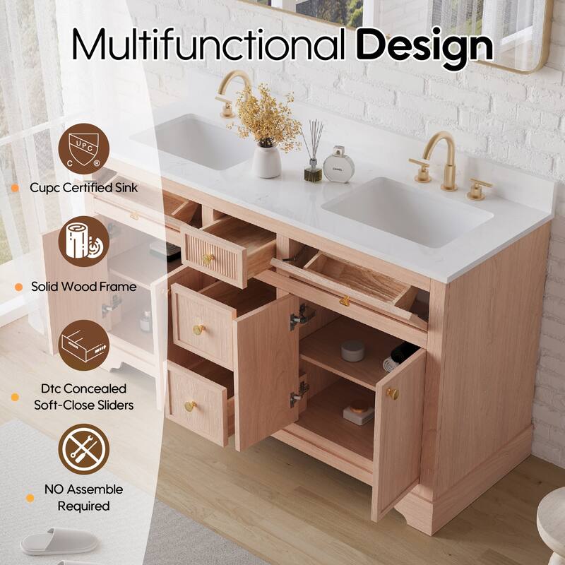 35''H Bath Solid Wood Vanity with Stain-resistant Carrera White Quartz Top And Single Sink