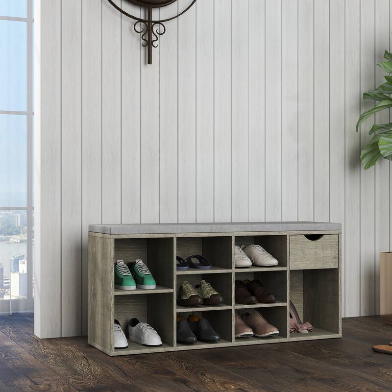 Shoe Bench, Entryway Bench with Padded Cushion, Drawer and Open Compartments, Bench with Storage, 3 Tier Shoe Rack Bench