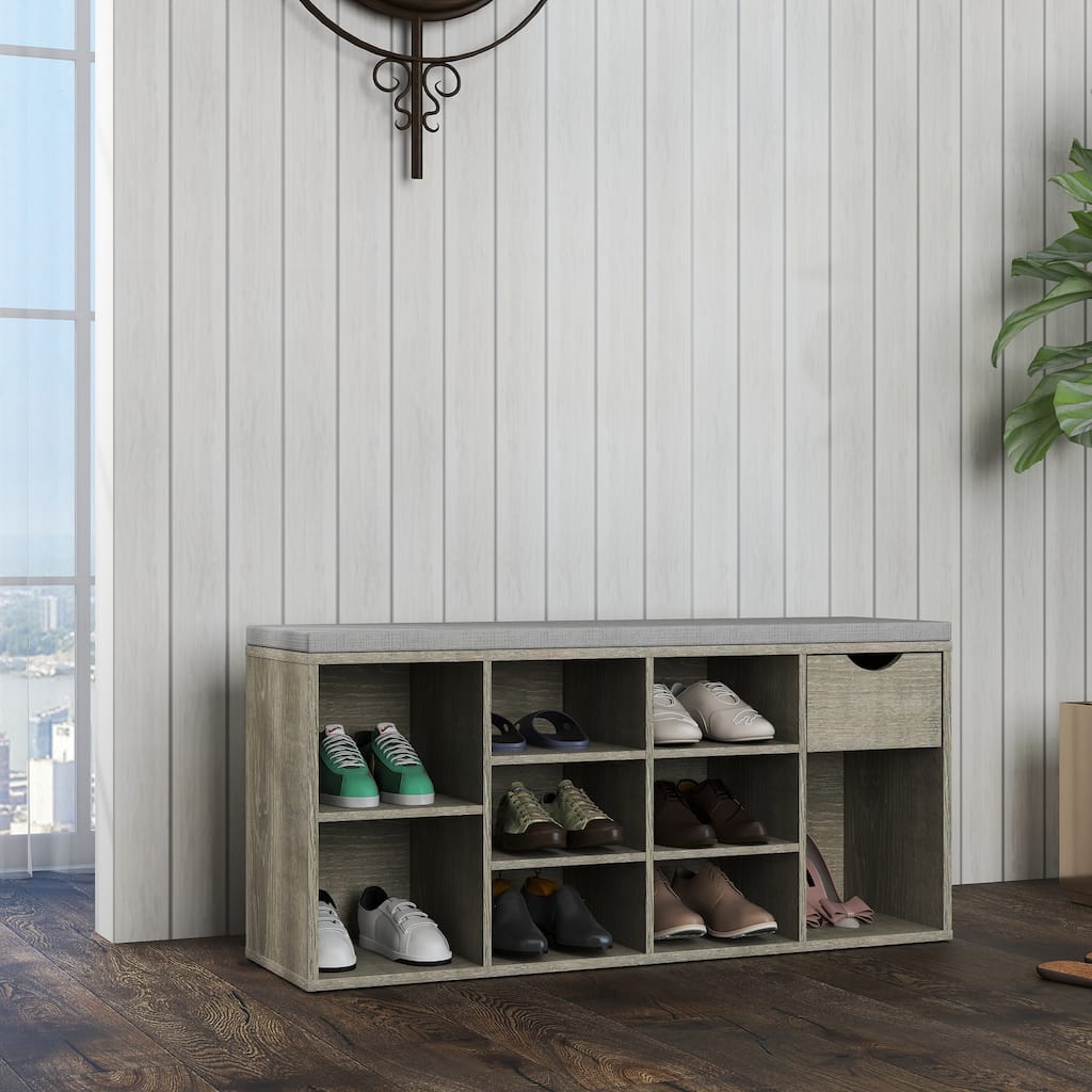 Grey Shoe Storage Bench with Cushioned Seat 9 Cubbies and Drawer Multi Functional Organizer for Entryway Bedroom and Closet