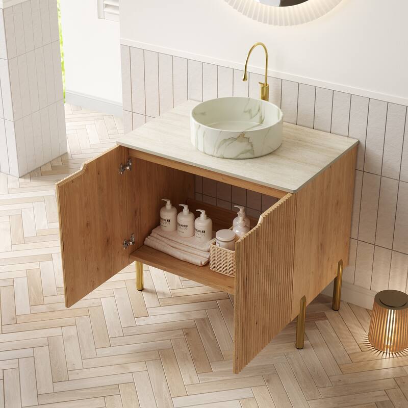 30" Bathroom Vanity with Sink, Freestanding Plywood Bathroom Storage Cabinet with 2 Doors, White Basin with Stone Pattern