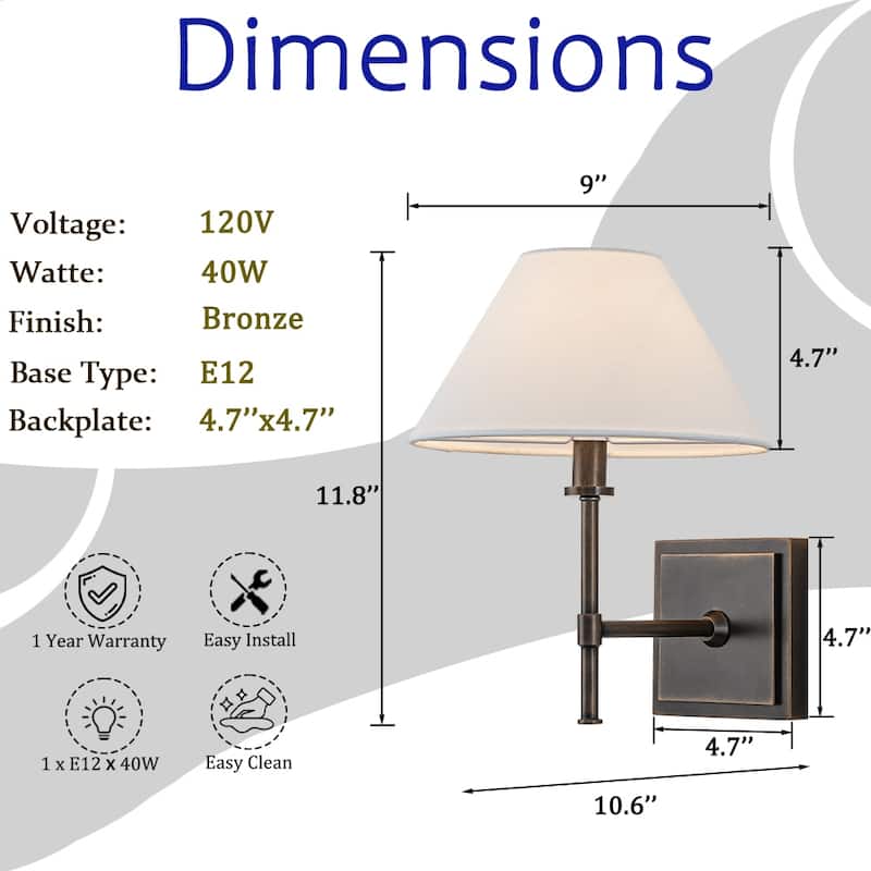 Modern Bronze 1-Light Fabric Shade Wall Sconces Farmhouse White Linen Tapered Shade Sconce For Bathroom Mirror Hallway - W9''