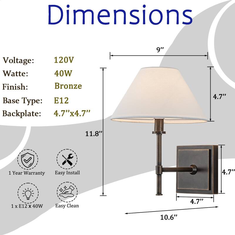 Modern Bronze 12'' Tall Fabric Shade Wall Sconces Farmhouse White Linen Tapered Shade Sconce(2 Pack) - W9"