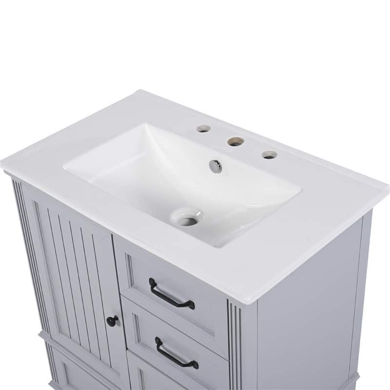 30" Bathroom Vanity with Ceramic Sink Top, Modern Bathroom Storage Cabinet with 1 Door, 3 Drawers and Solid Wood Legs