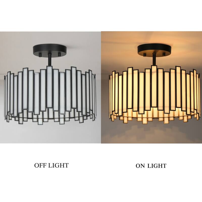 Tirie Mid-Century Modern Black 3-Light Colored Glass Drum Semi Flush Mount Ceiling Light - D 14.2" x H 15.3"