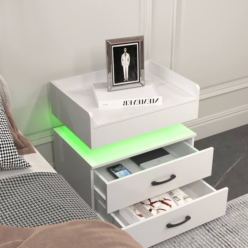 Nightstand with LED Strip Light and 2 Drawers, Bedside End Table with Storage for Bedroom Living Room Study