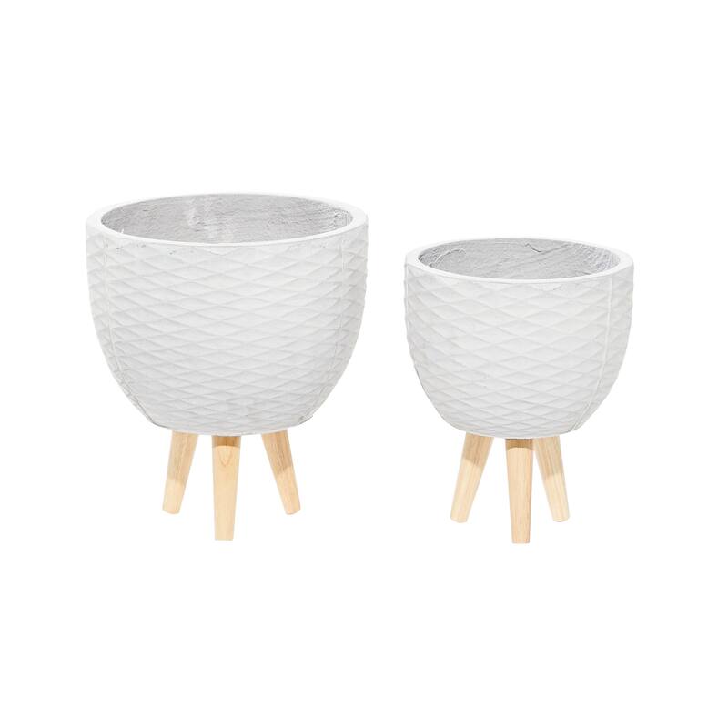 White or Gray Ceramic Indoor Outdoor Planter with Wood Legs (Set of 2)