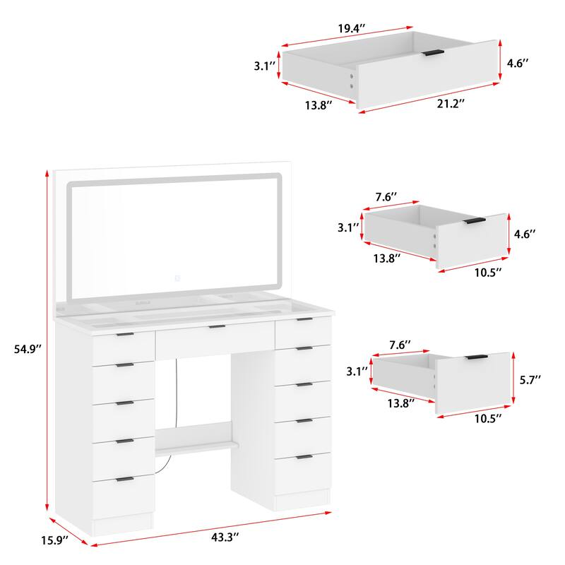 LED Lighted Makeup Vanity w/10 Drawer Modern Dressing Table for Bedroom Glass Top Vanity Table