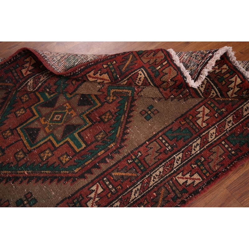 Brown Ardebil Persian Vintage Runner Rug Handmade Wool Carpet - 3'10" x 13'10"