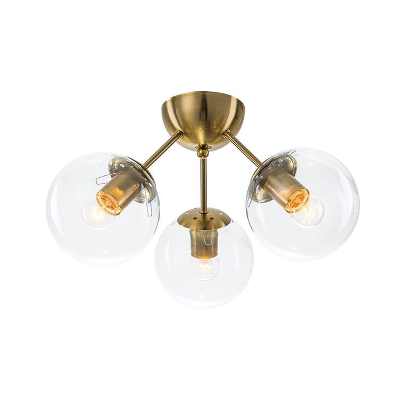 3-Light Brushed Brass Glass Globe Sputnik Semi Flush Mount