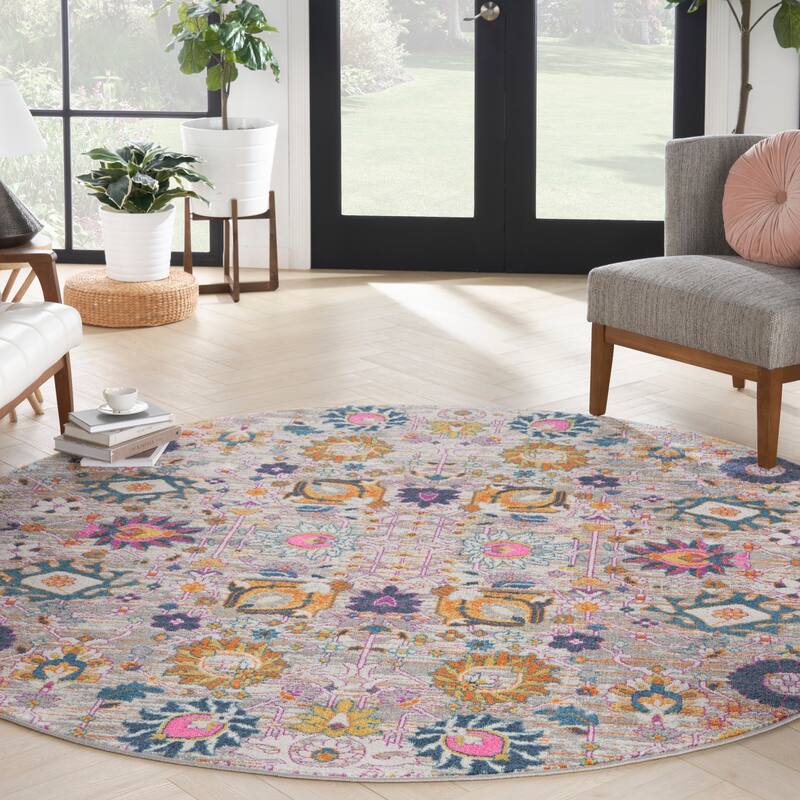 Nourison Passion Boho French Country Floral Area Rug. - 8' Round - Silver - Runner