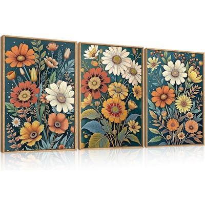 Retro Boho Flower Framed Canvas Wall Art Set