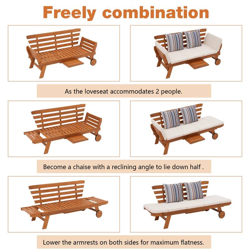 Outdoor Daybed Wooden Folding Lounge Chair with Front Tray and Wheels