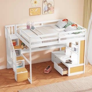 Full Size Loft Bed w/Desk,Shelves,Built-in Drawers,Storage Staircase