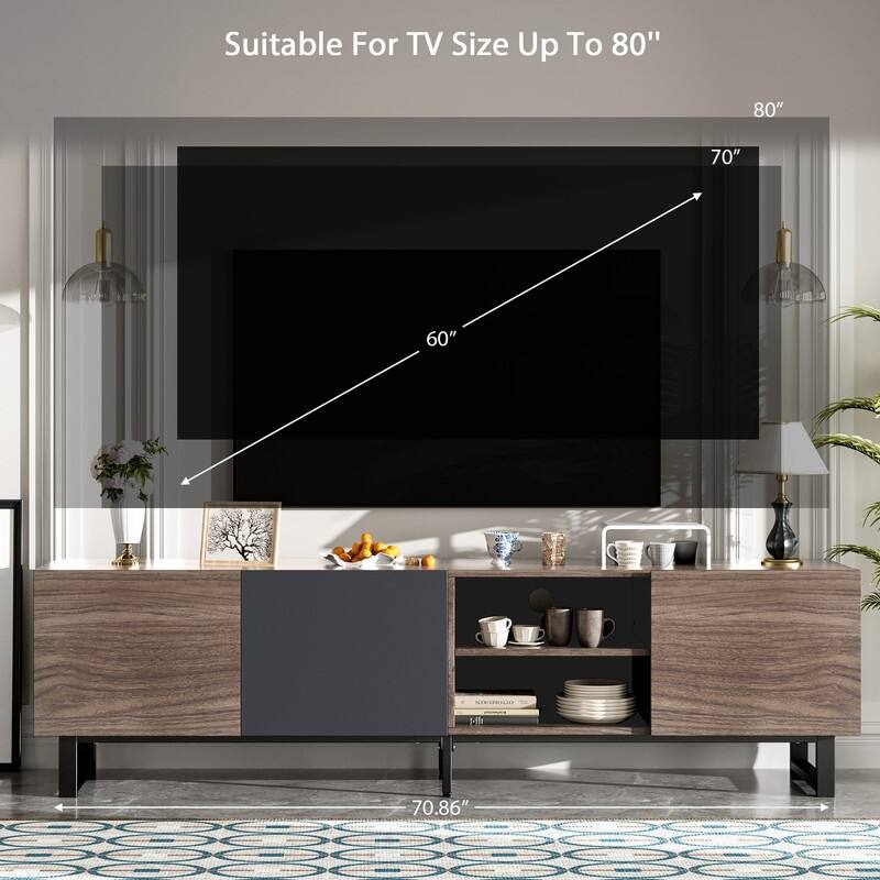 Modern TV with 3 Cabinets& Open Shelves, Console Table for TVs up to 80"