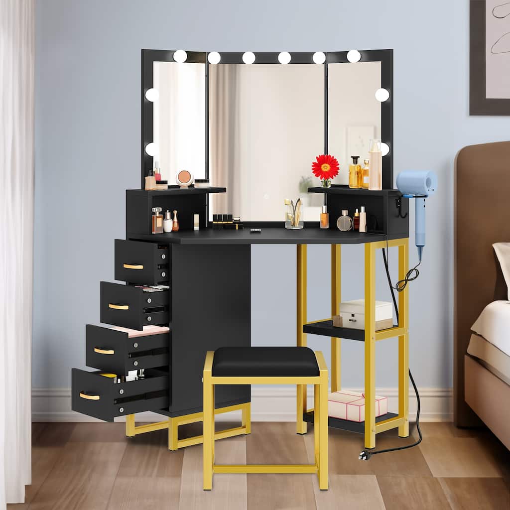Moasis Corner Vanity Set with 4 Storage Drawers Shelves and Stool - 41.7"L x 19.6"W x 55.3"H