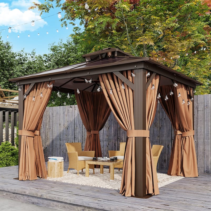 Hardtop Gazebo, Aluminum Frame Permanent Pavilion with Curtains and Netting