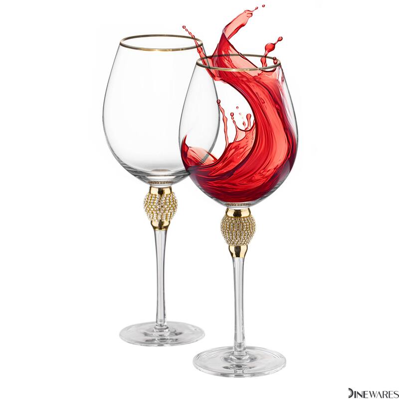 Rimmed Red Wine Glasses with Diamond Rhinestone Accent - 18 oz, 10 Inches Tall - Perfect Toasting Glasses for Bride and Groom - Set of 2 - Gold