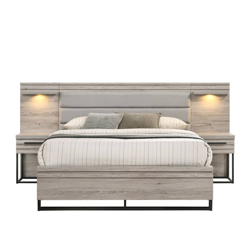 Roundhill Furniture Alvear Wallbed Bed with White LED Lights, Dresser, Mirror, and 2 Nightstands, Weathered Gray
