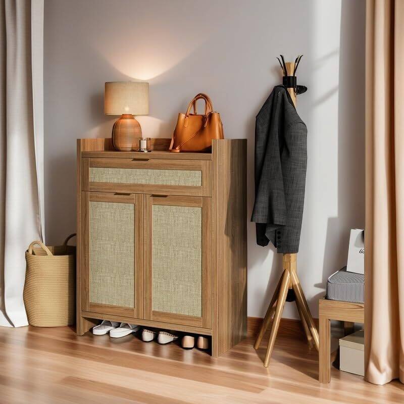 Farmhouse Rattan Shoe Cabinet with Storage for Entryway Living Room Closet Hallway