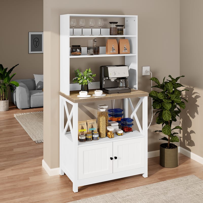 Baker's Rack Coffee Bar Cabinet Microwave Stand Rustic With Power Outlet - White