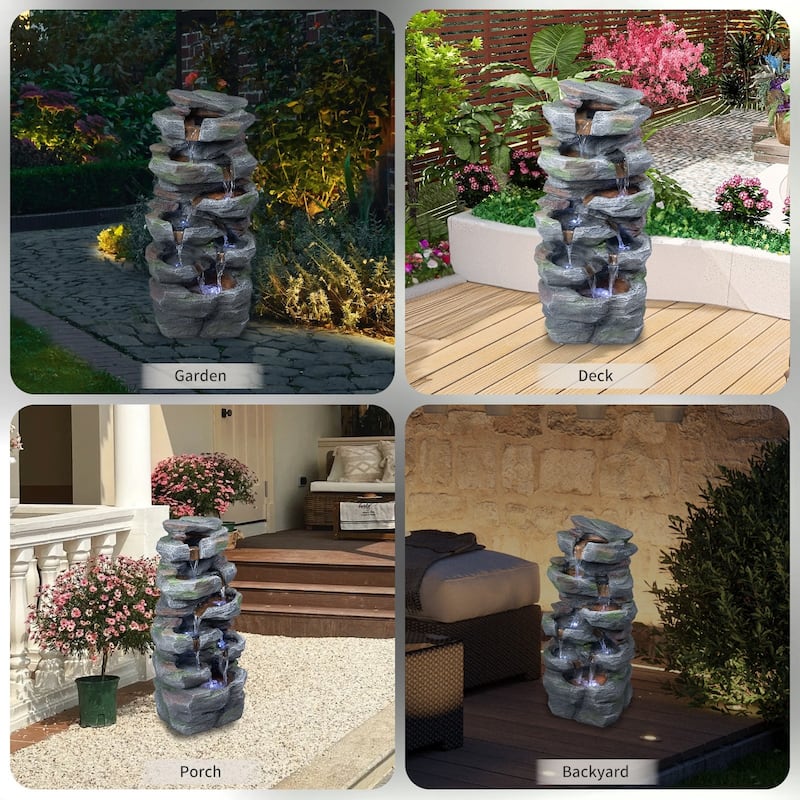 23.6 Inch Rock Waterfall Outdoor Fountain with LED Lights Resin Tiered Cascading Water Feature for Patio Garden Backyard - N/A - Bird Bath