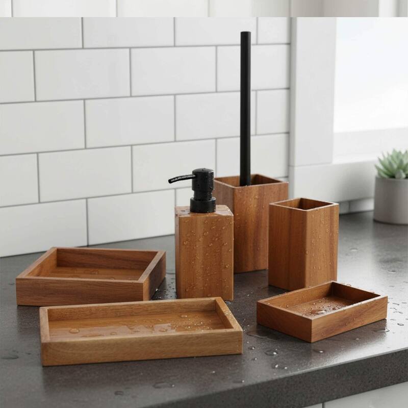 Acacia Wood Bathroom Accessory Set Collection