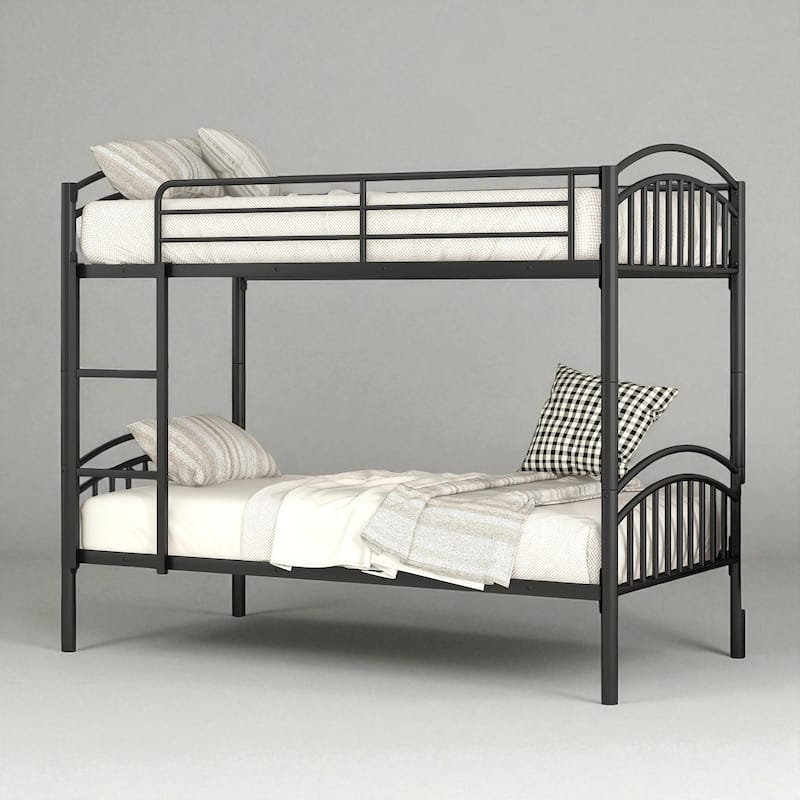 Twin Over Twin Metal Bunk Bed with Ladder and Safety Rails, Convertible into Two Twin Beds, No Box Spring Needed