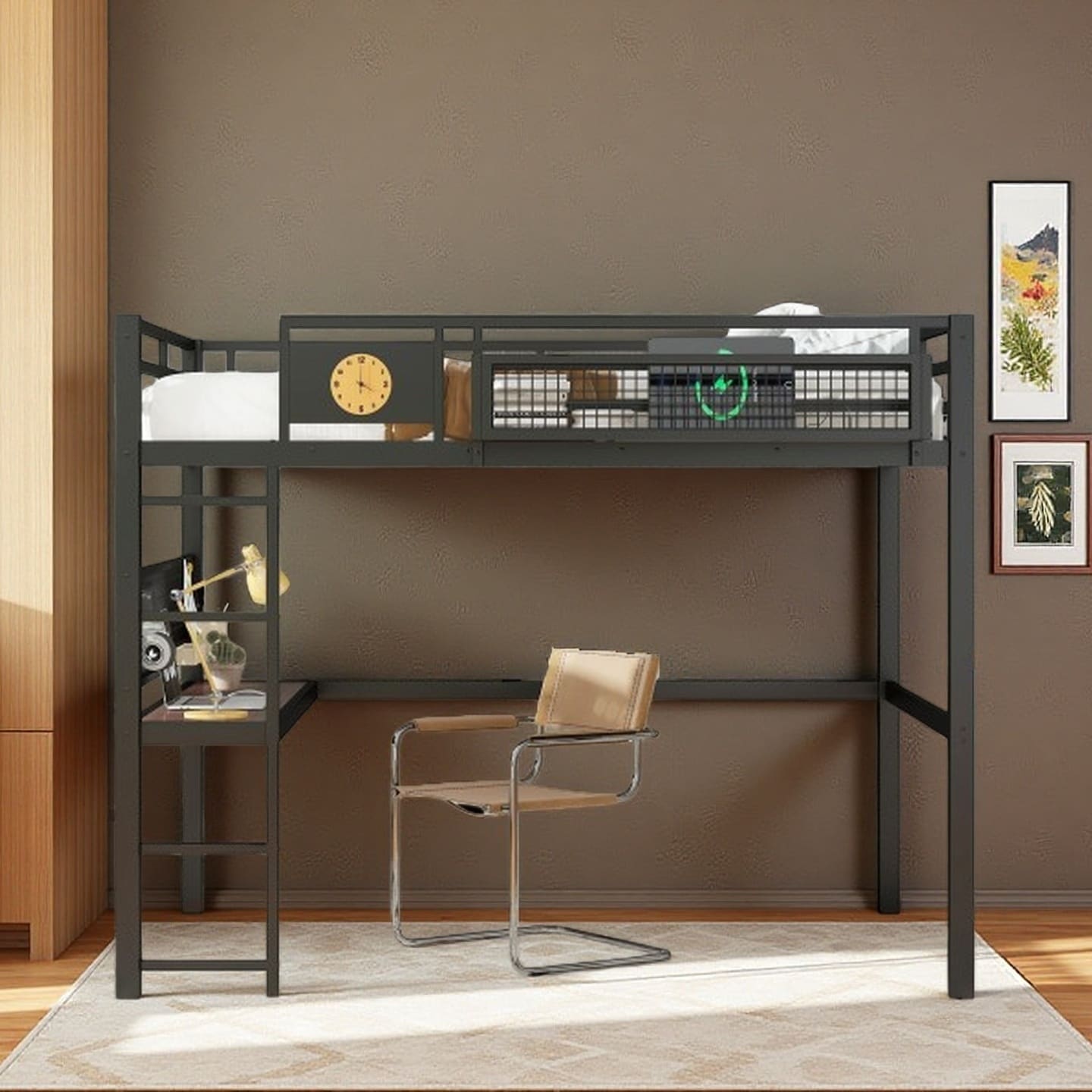 Queen Metal Loft Bed with Desk, Pegboard, Side Storage Basket with USB Charging Port, Built-in Clock, Space-Saving Black Frame