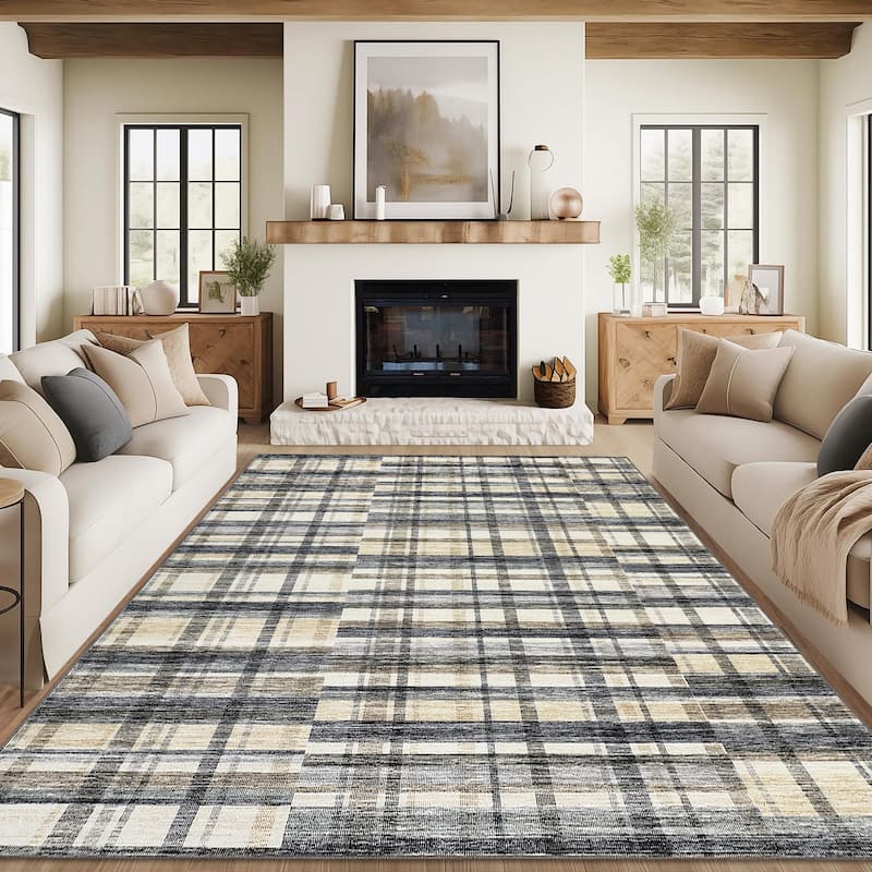 Area Rugs for Living Room Bedroom Modern Geometric Rug Low Pile Non Slip Farmhouse Plaid Carpet