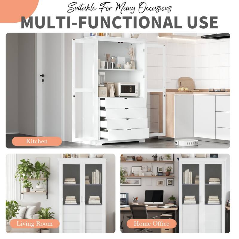Kitchen Pantry Storage Cabinet with Glass Doors and 4 Built-In Drawers