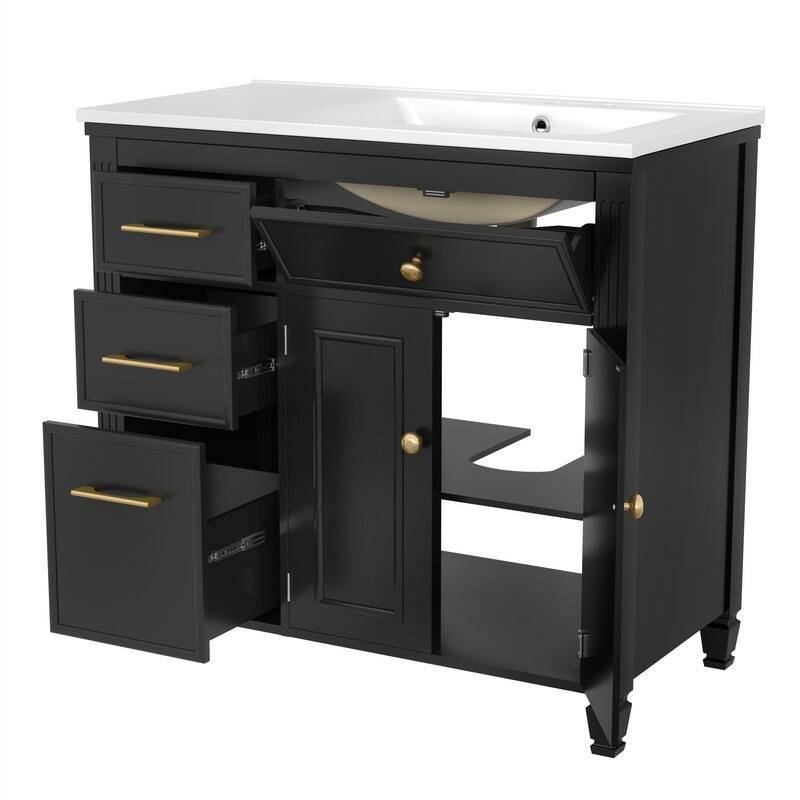 36" Bathroom Vanity w/ Ceramic Sink, Freestanding Bathroom Vanity Cabinet w/ 3 Side Drawers, 1 Tip-out Drawer & Adjustable Shelf