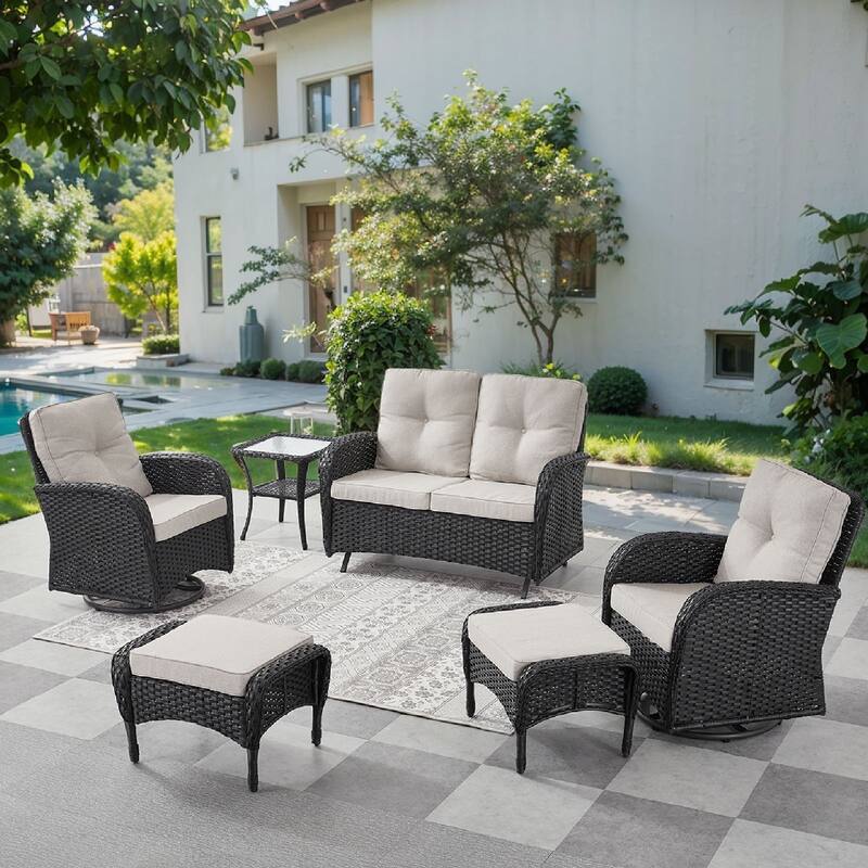 Pocassy 6 Pieces Glider Sofa with Swivel Chairs Ottomans Table - Black Wicker - Beige cushion