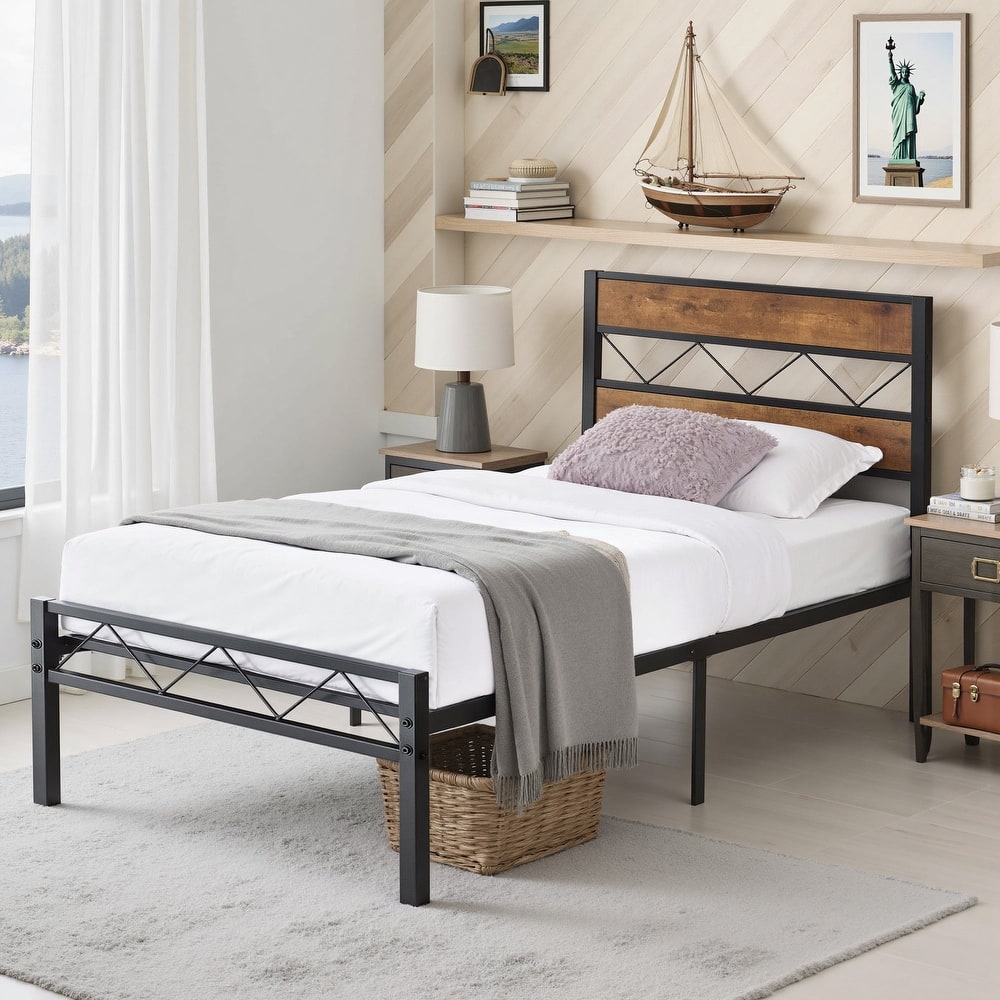 VECELO Vintage Metal Platform Bed Frame with Wood Headboard, Storage Bed, Noise-Free, No Box Spring Needed, Twin/Full/Queen Size