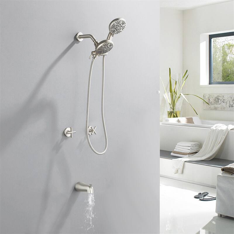 Wall Mount Tub and Shower Faucet with Hand Shower Brass Dual Head Complete Wall Mounted Shower System with Valve