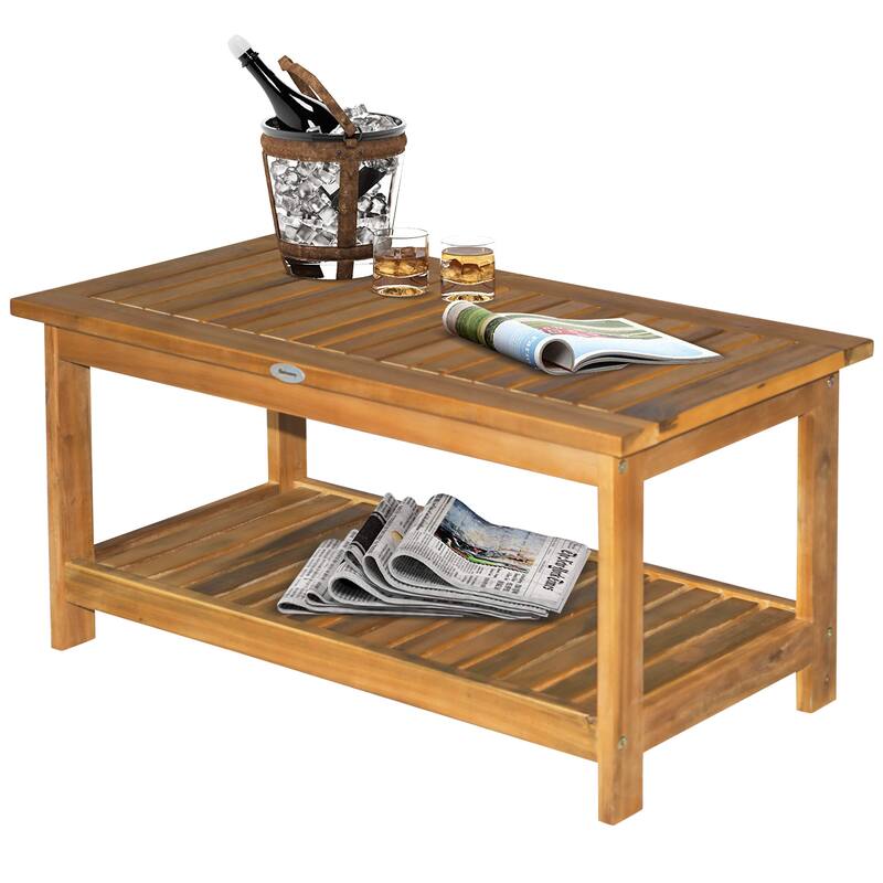 Outdoor Coffee Table 2-Shelf Acacia Wood Rectangular Buffet Storage Organizer Natural Finish Patio, Deck, Lawn, Garden