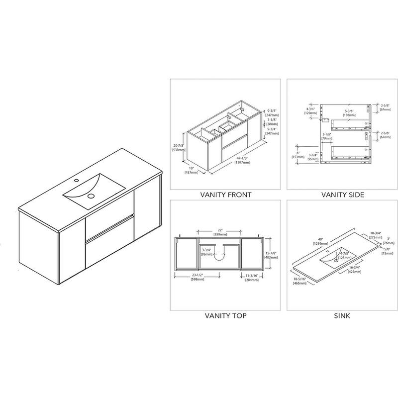 Blossom Valencia 48" Floating Bathroom Vanity Cabinet w/ Ceramic Sink