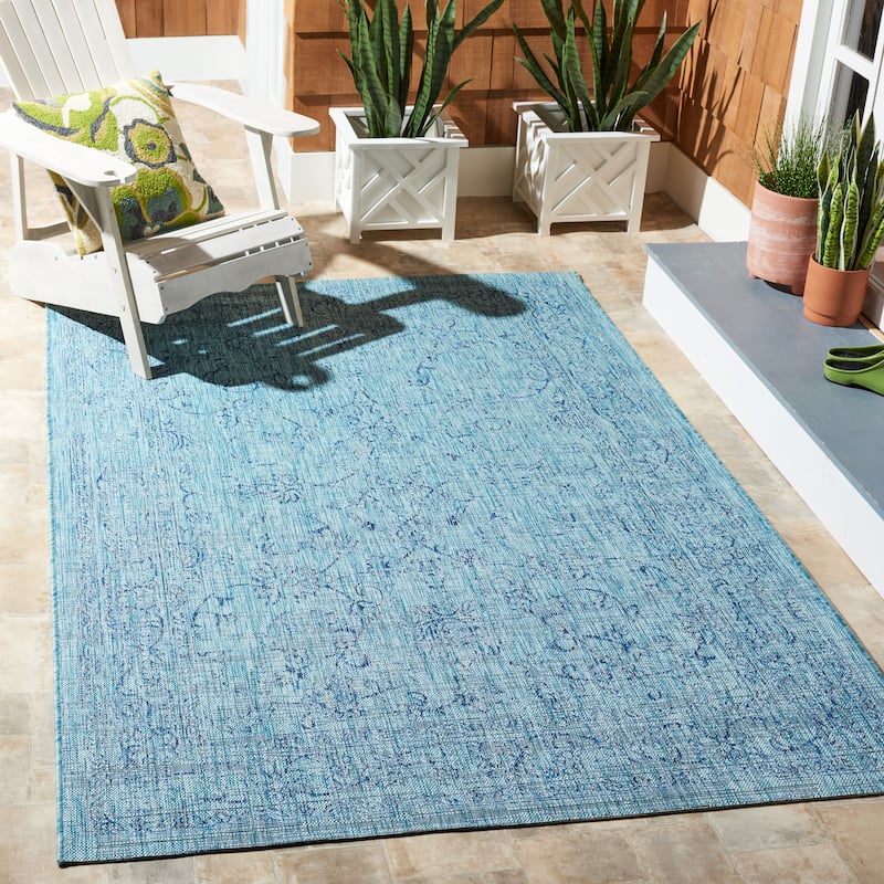 SAFAVIEH Courtyard Aquata Indoor/ Outdoor Waterproof Patio Backyard Rug - 5'3" x 7'7" - Aqua/Navy