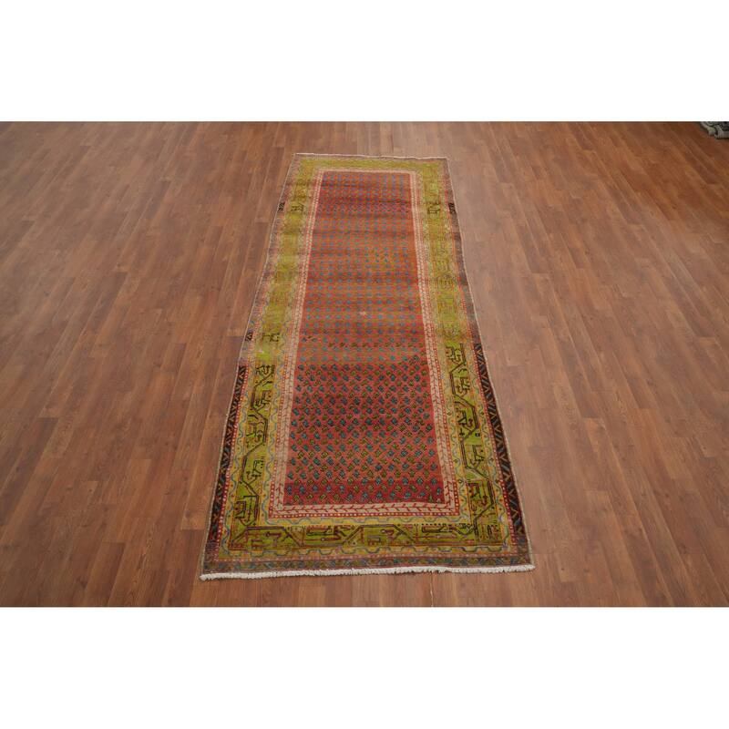 Hand Knotted Oriental 100% Wool Carpet Traditional Geometric Oranges & Rust Botemir Runner Rug - 9' 10'' X 3' 6''