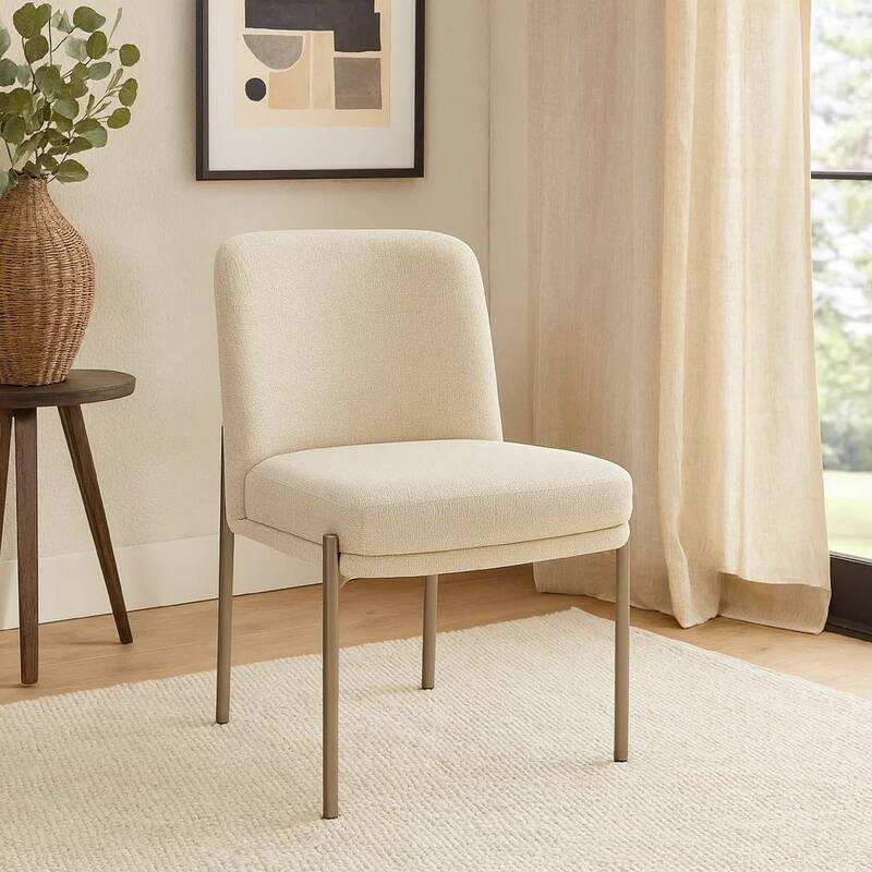 Zame 21 Inch Dining Chair, Cream White Linen, Set of 2, Sleek Modern Metal Legs