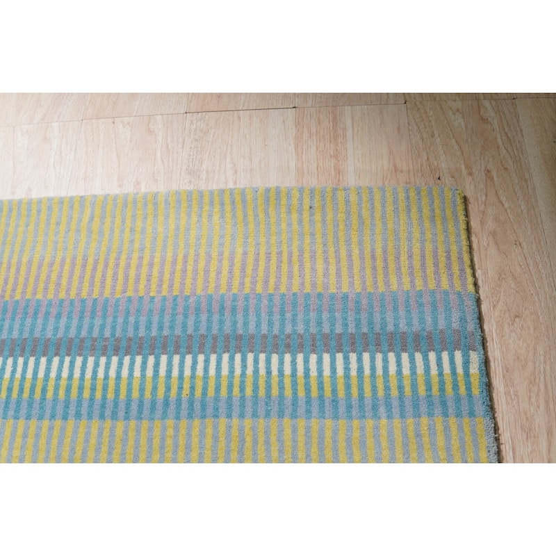 Green Hand-Knotted Wool Knotted Striped Rug, 10' x 14', plush elegant floor accent - L