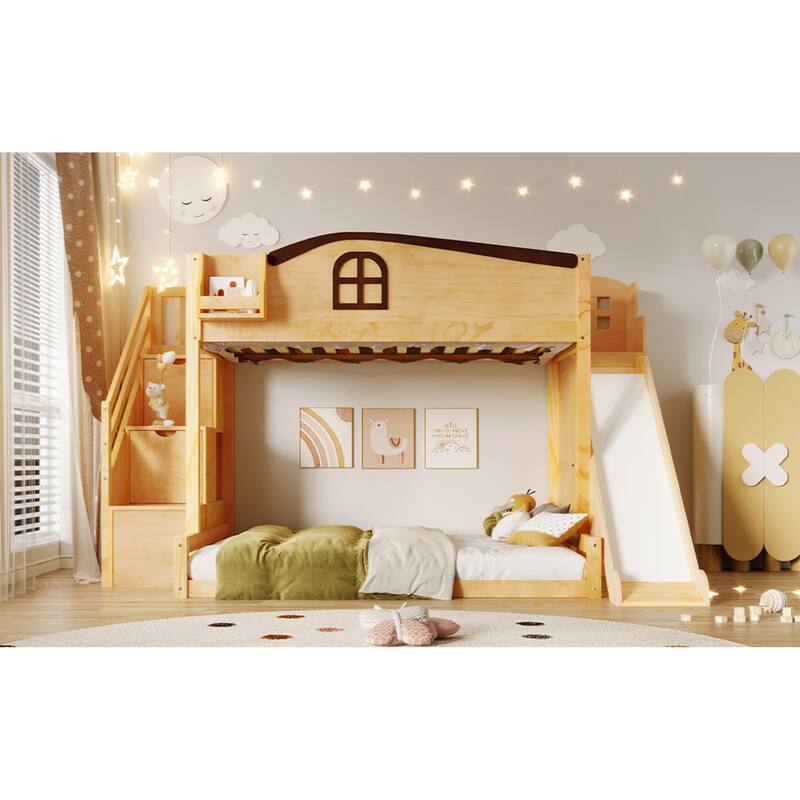 Roomfitters Twin Over Full Bunk Bed with Slide, Wardrobe and Storage Staircase