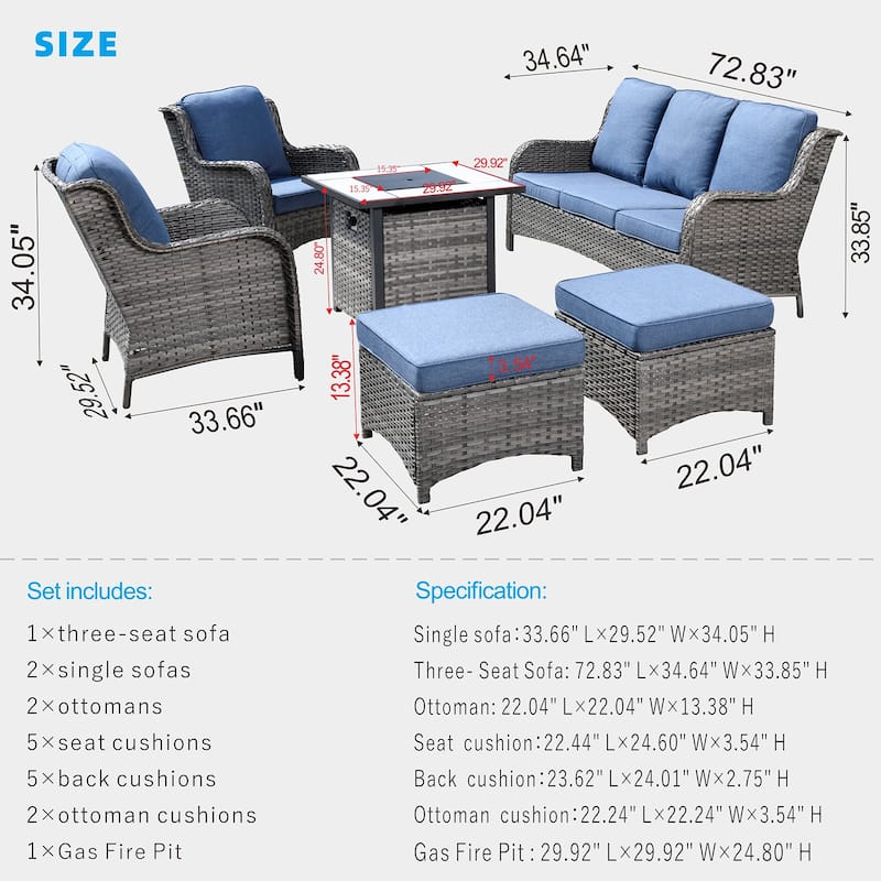 OVIOS Grey Wicker 6-piece Patio Furniture Set With 30" Fire Pit