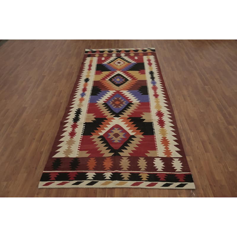 Hand Woven Oriental 100% Wool Carpet Southwestern Modern Multi-Colored Kilim Area Rug - 11' 9'' X 5' 0''