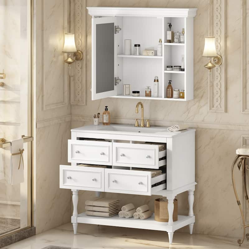 36'' Bathroom Vanity with Medicine Cabinet, Modern Mirror Cabinet with Adjustable Shelf, Bathroom Storage Cabinet with 4 Drawers - White