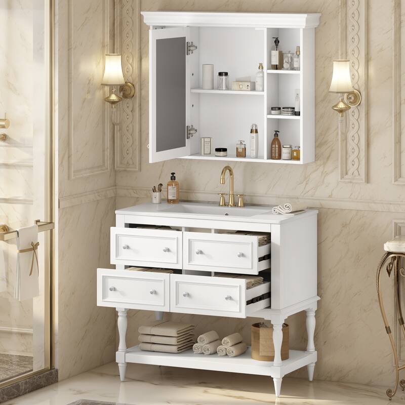 GDFStudio - Marquette Luxury Bathroom Vanity Set with Ceramic Sink, Mirror Medicine Cabinet and 4 Storage Drawers - 36'W