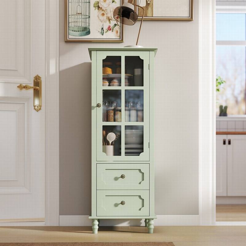 Modern 52.36" Wooden Buffet Cabinet with Glass Doors and Double Drawer for Living room, Dining Room Hallway Entryway - Green